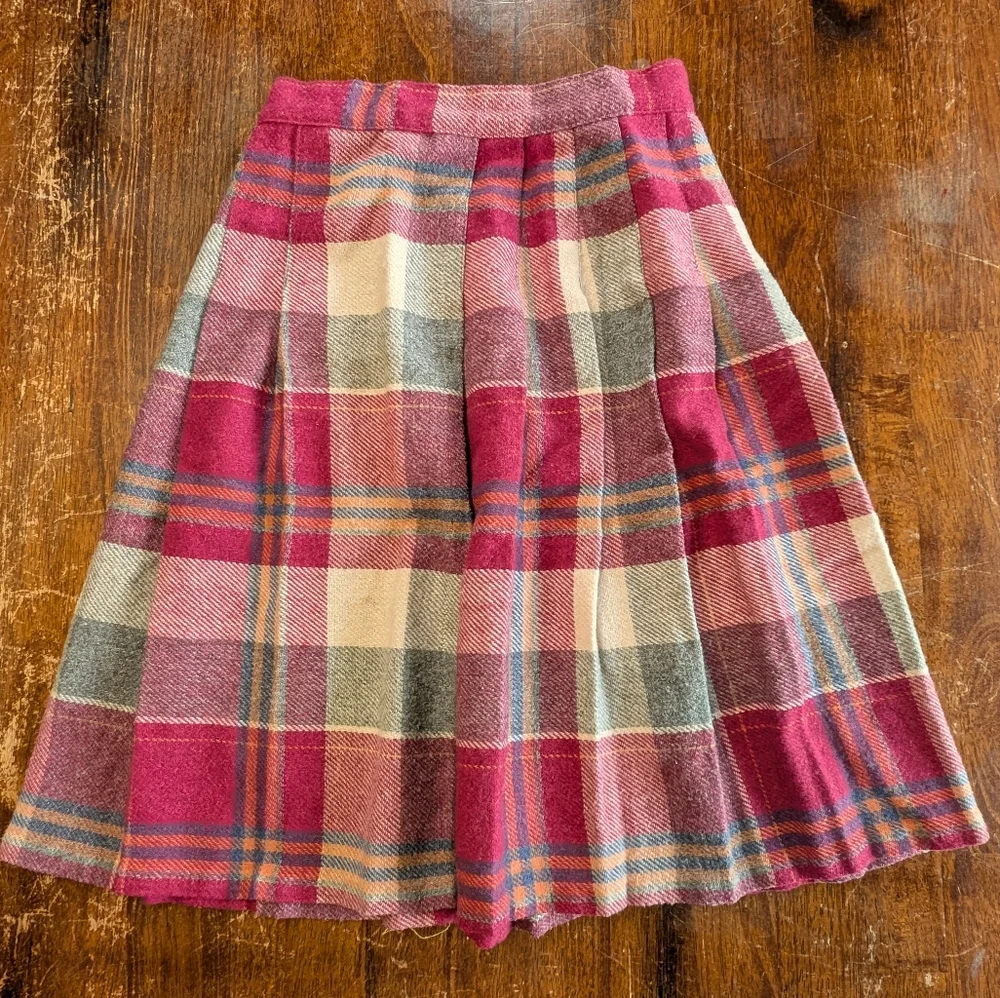 Vintage Plaid Pleated Skirt Girls 10S Pink Gray Academia Schoolgirl Retro Used